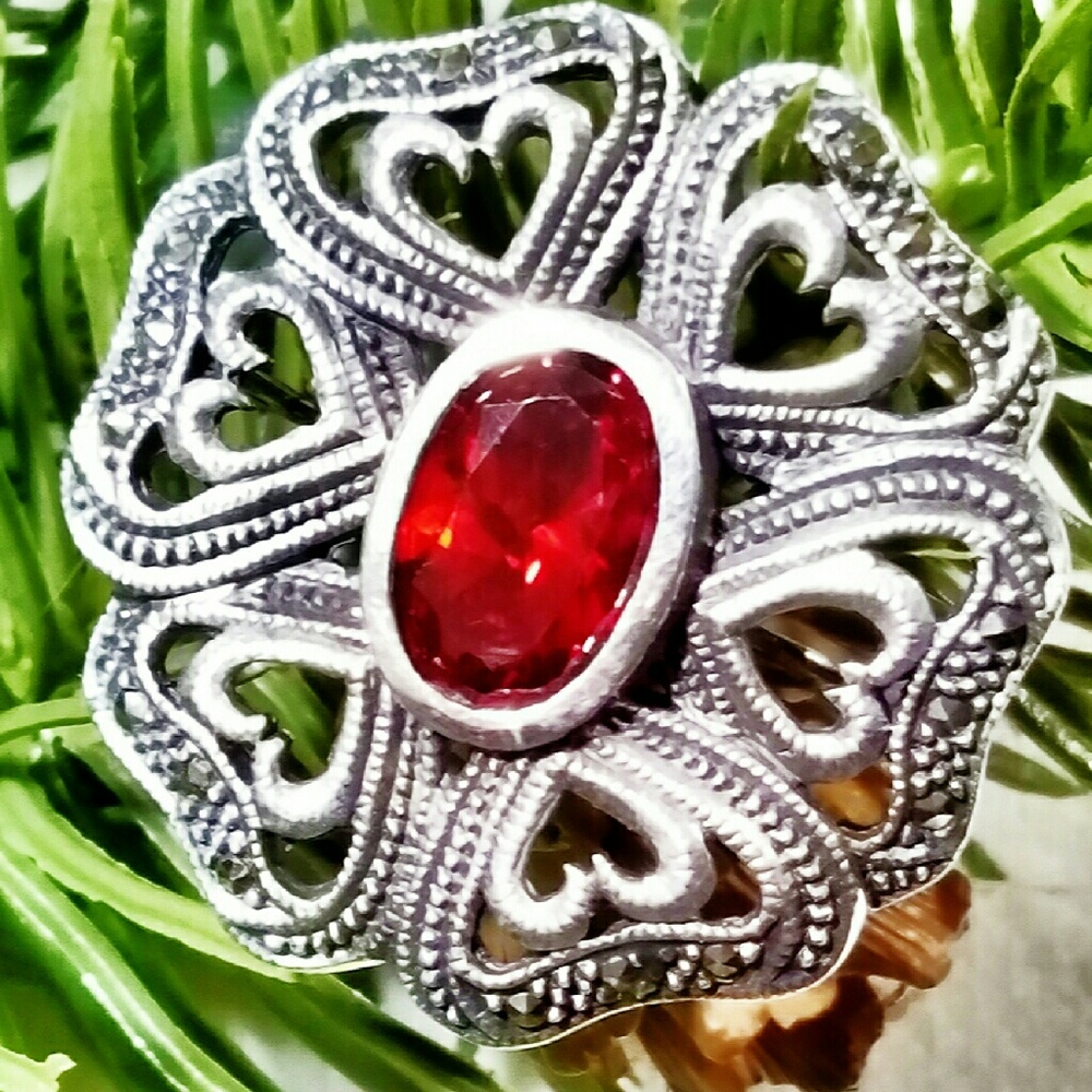 Amazing Sterling Silver/Garnet Brooch w/Marcasite